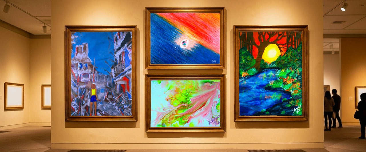 Surreal dreamscape art prints in gold frames displayed in gallery, featuring vibrant landscapes and abstract scenes