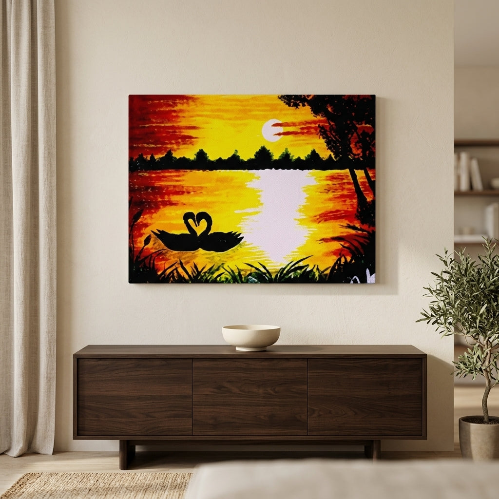 Synchronized Spirits - Vibrant Lake Silhouette Surrealist Wall Art