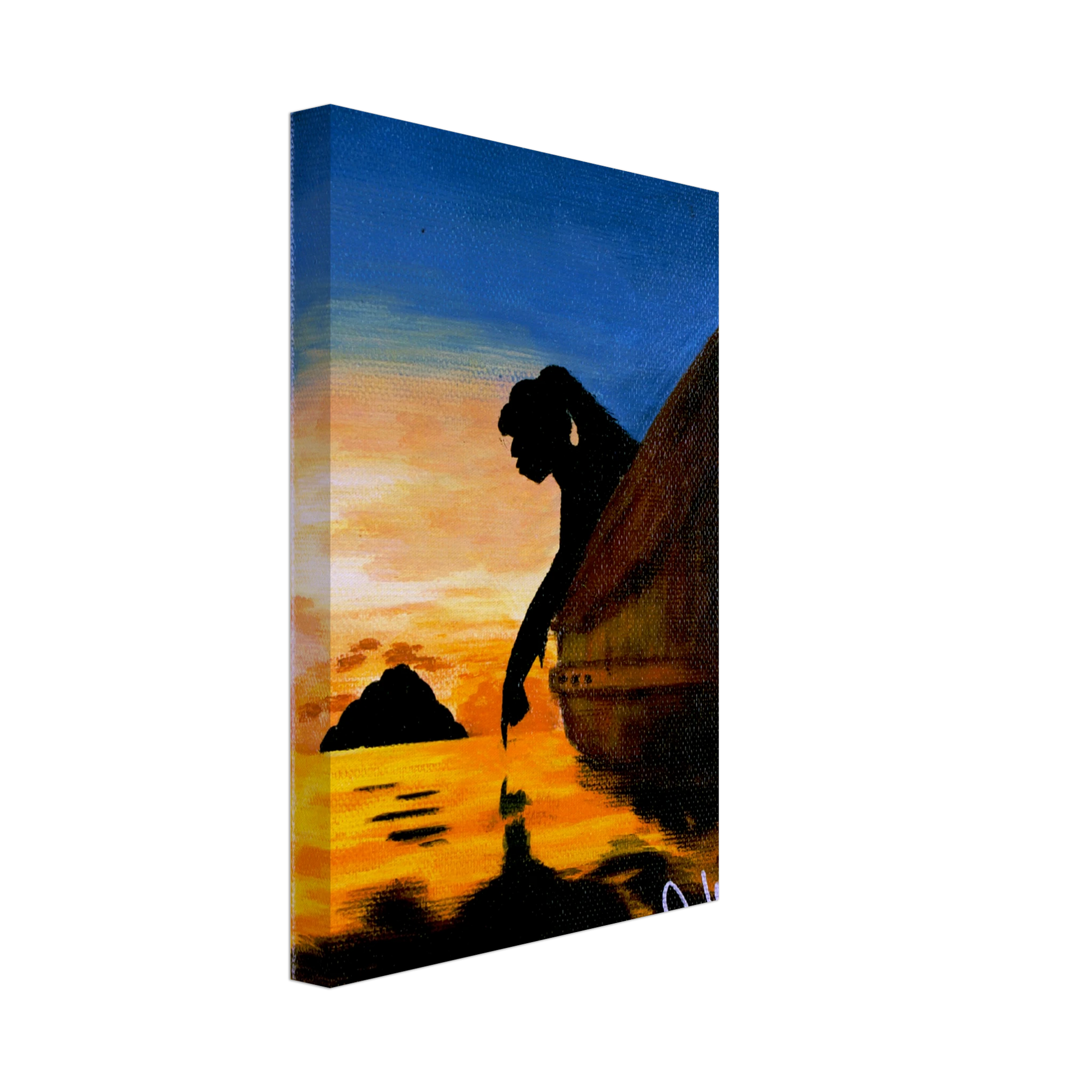 Surreal sunset canvas art with silhouetted figure and boat, dreamy wall decor
